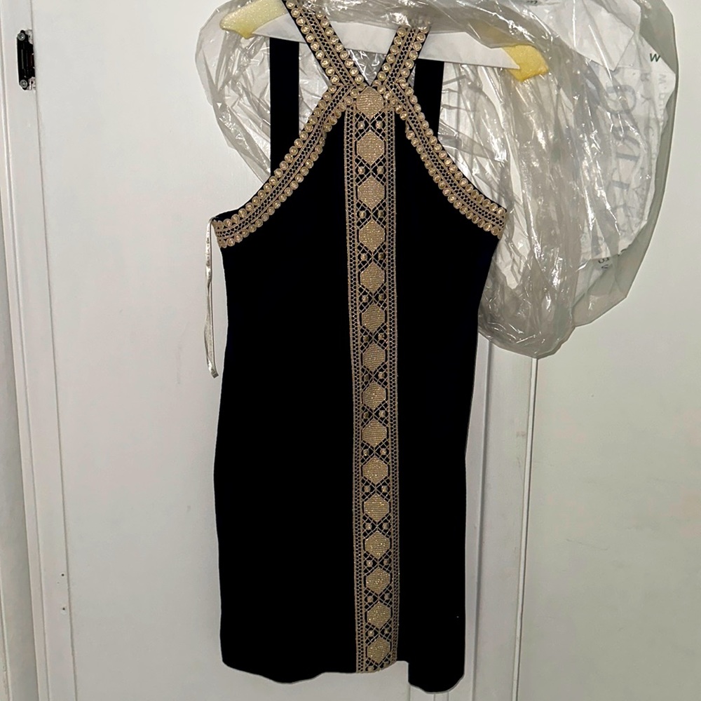 Navel blue and gold lily dress worn once to holiday party, freshly dry cleaned